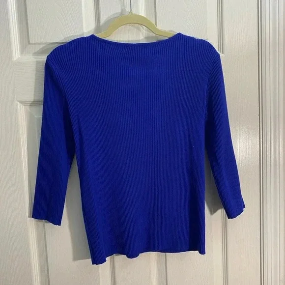 Catherine Malandrino Blue Ribbed Knit Sweater L Criss Cross V Neck Stretch Top - Picture 3 of 4